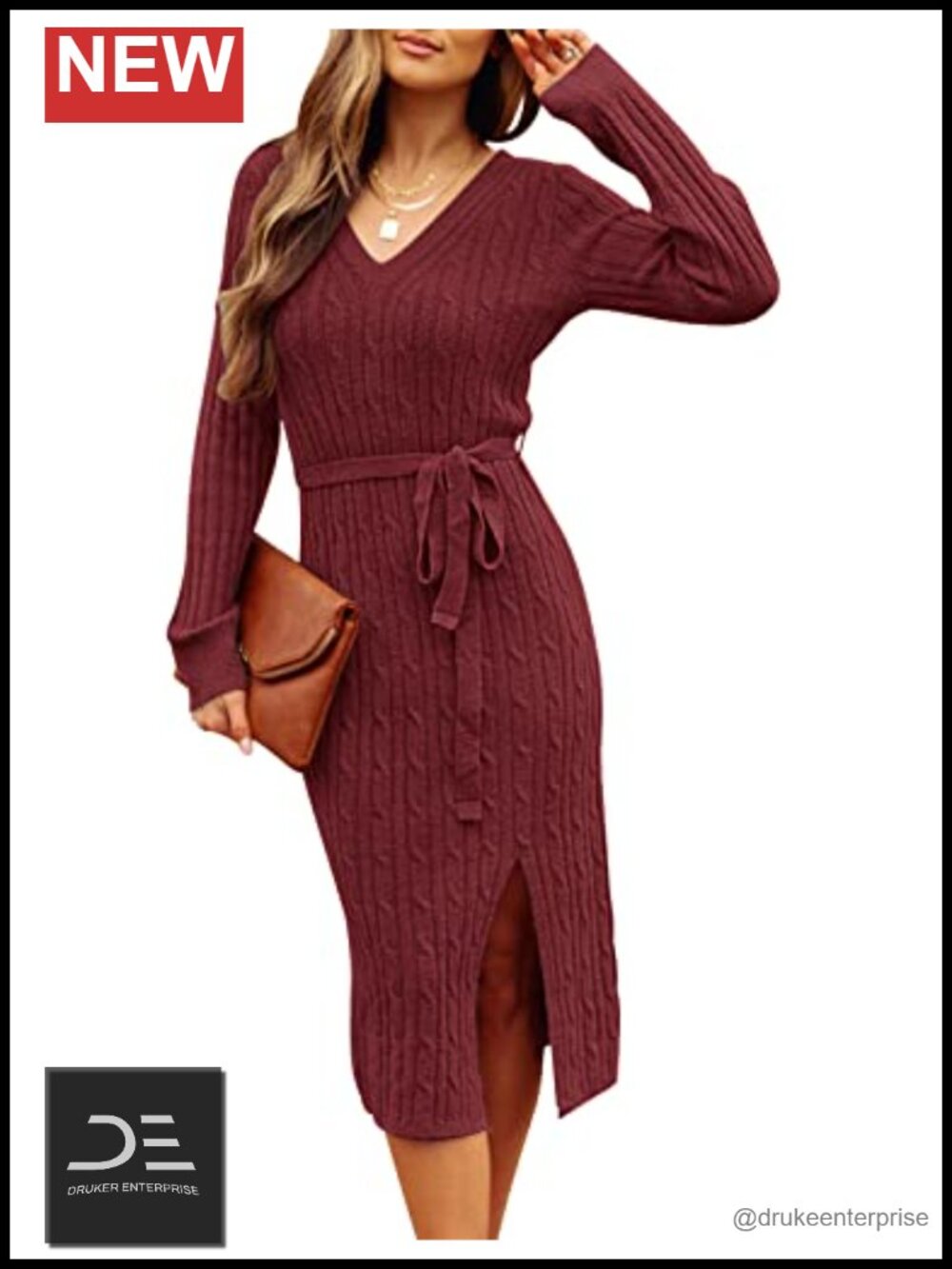 Women's Cable Knit Midi Sweater Dress V-Neck Long Sleeve Tie Waist